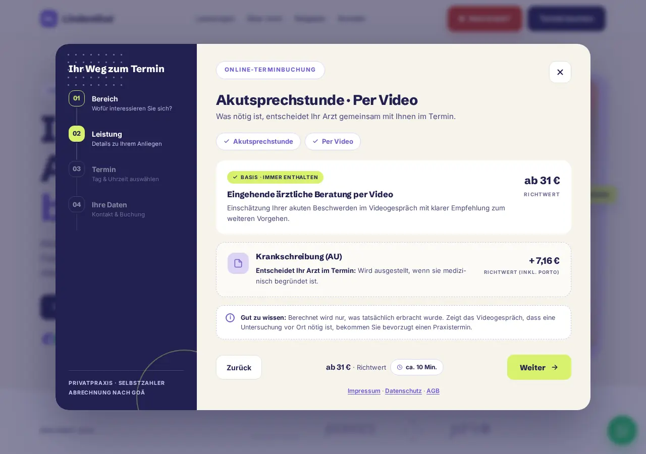 Leistungswahl und Terminbuchung für die Privatpraxis Lindenthal